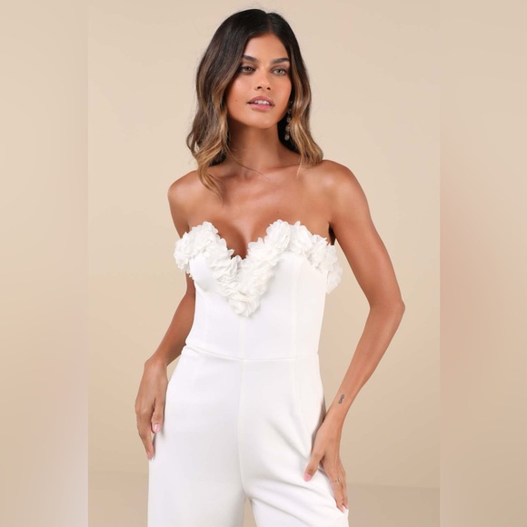 Lulus Rare Allure White 3D Floral Applique Strapless Wide-Leg Jumpsuit - Picture 2 of 4